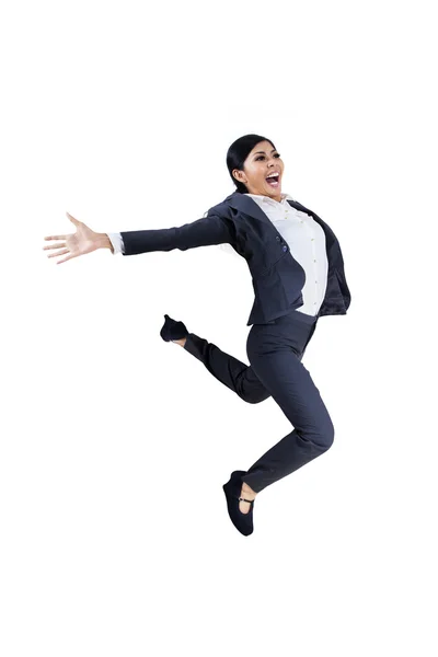 Happy businesswoman jumping - isolated — Stock Photo, Image