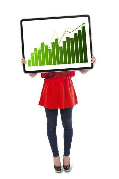 Woman holding board with 3d graph — Stock Photo, Image