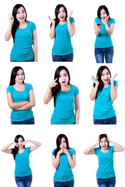 Mladá žena ukazuje několik výrazů — Stock fotografie