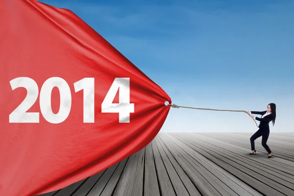 Businesswoman pulls banner of new year 2014 — Stock Photo, Image