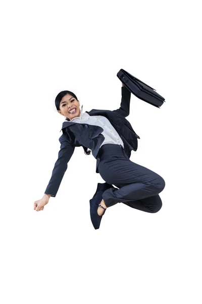 Asian businesswoman jumping on white background — Stock Photo, Image