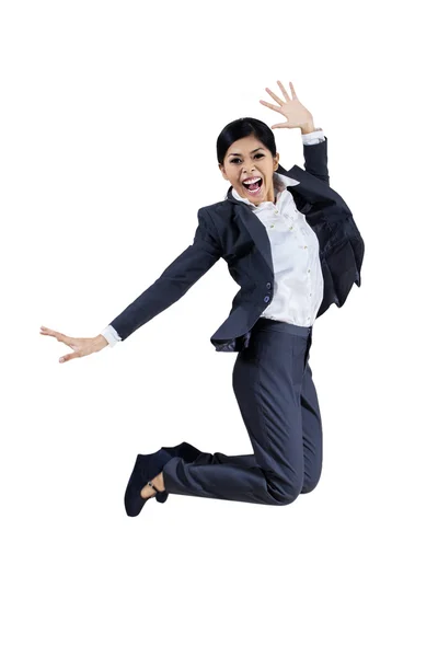 Mulher de negócios bem sucedida pulando isolar no branco — Fotografia de Stock