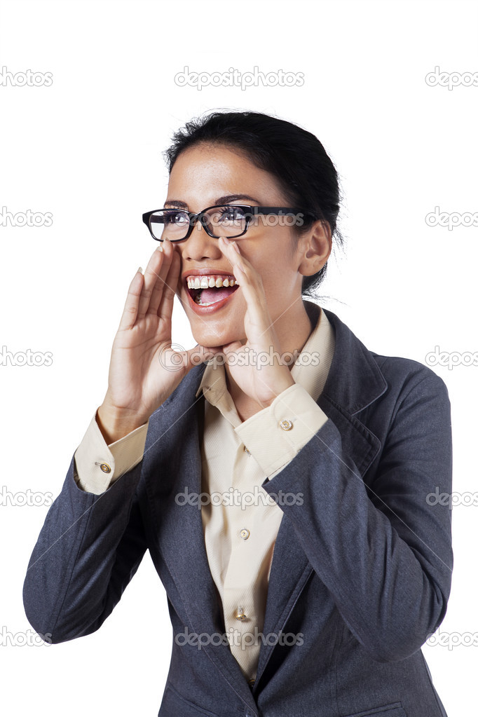 Excited businesswoman screaming isolated