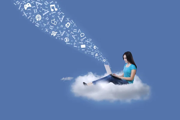 Female student send email with laptop on cloud — Stock Photo, Image