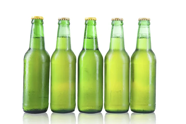 Bottles of beer with drops isolated — Stock Photo, Image