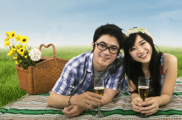 Couple at a picnic in meadow — Stock Photo, Image