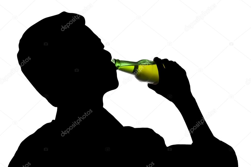 Drunk man drinking a bottle of beer