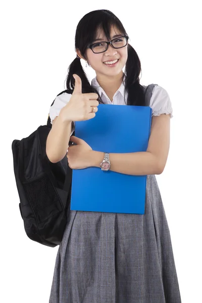 Asian college student showing thumb-up — Stock Photo, Image