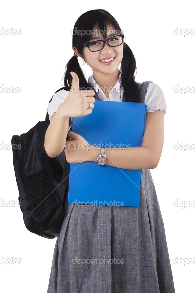 Asian college student showing thumb-up