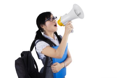 Female student shouting via megaphone clipart