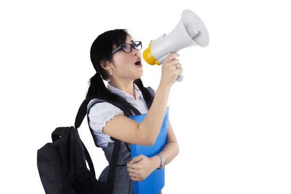 Estudante gritando via megafone — Fotografia de Stock