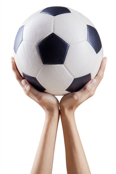 Hands holding soccer ball upward. isolated on white