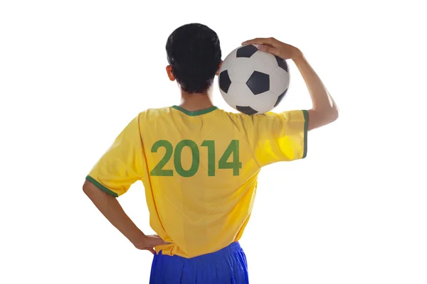 Soccer player holding ball isolated — Stock Photo, Image