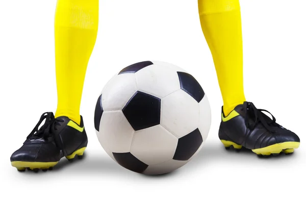 Soccer ball with player feet — Stock Photo, Image