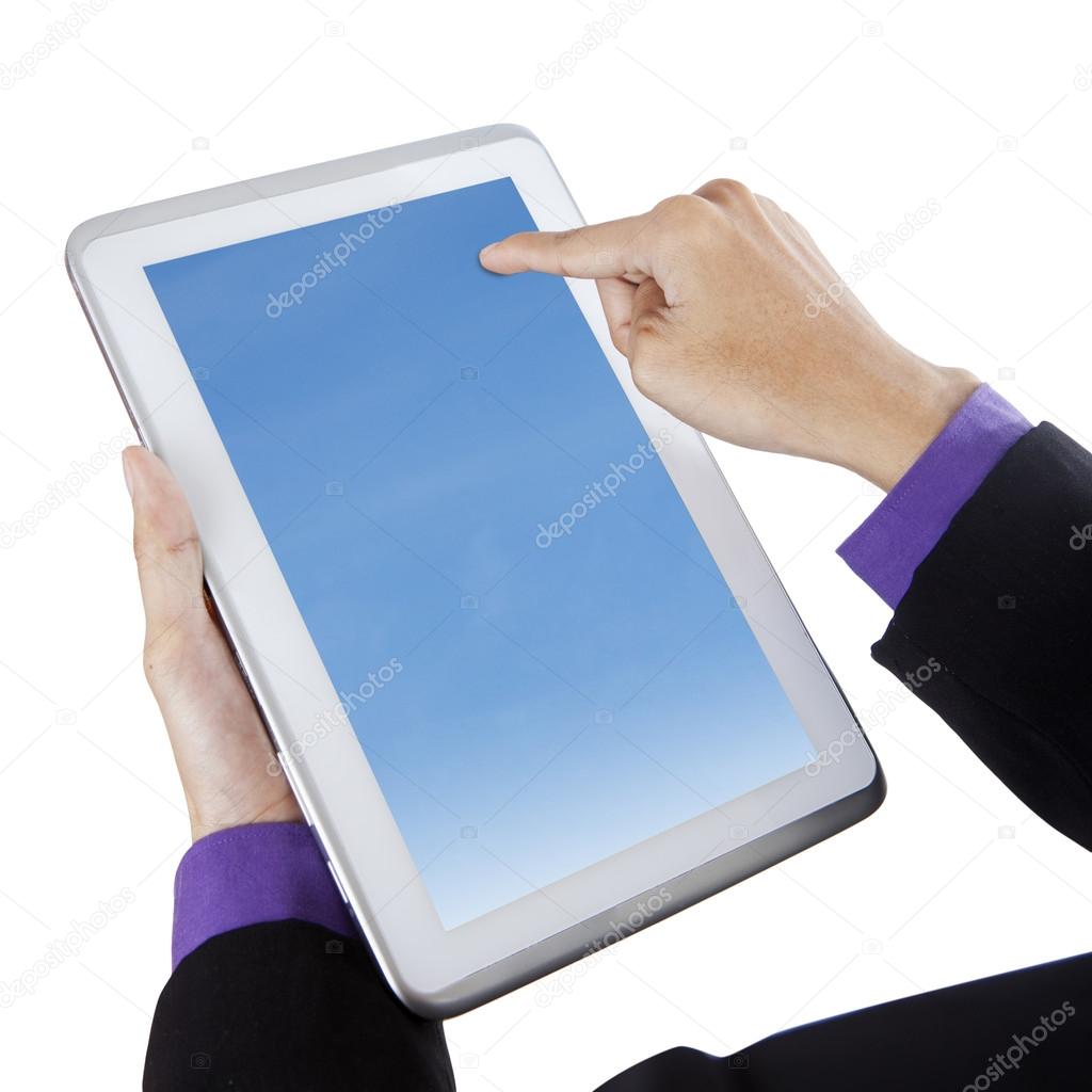 Businessman touching blue screen digital tablet