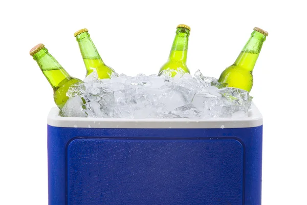 Botellas de cerveza en caja de hielo aislada — Foto de Stock