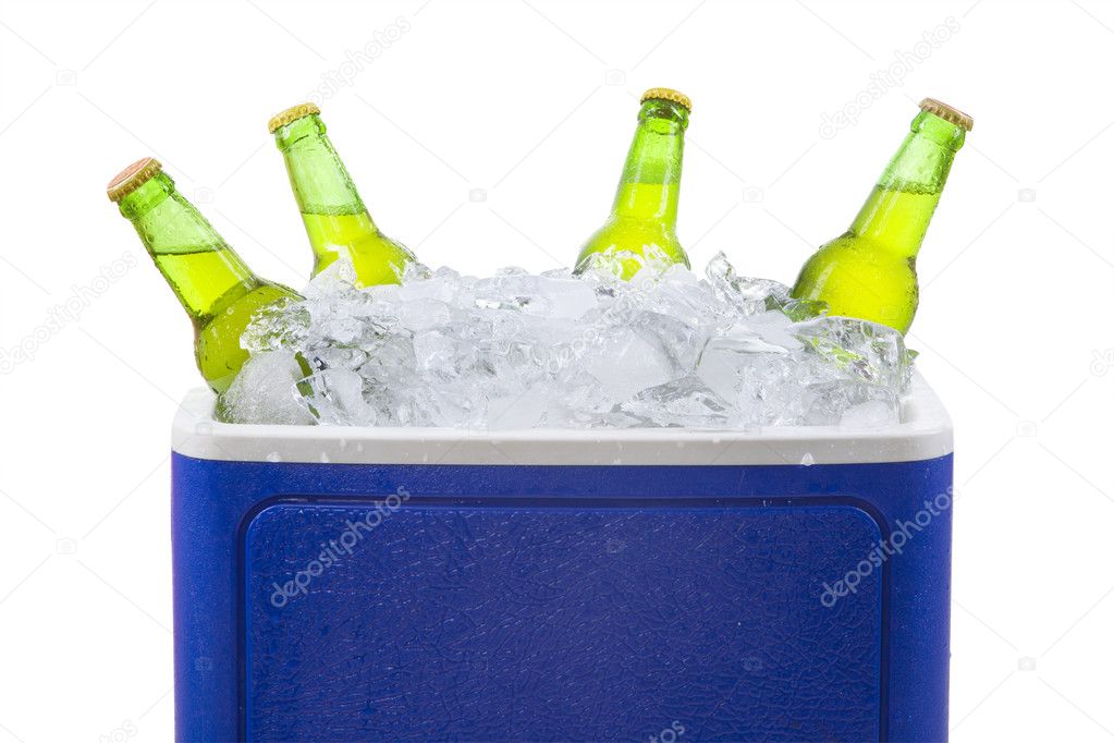 Beer bottles in ice box isolated