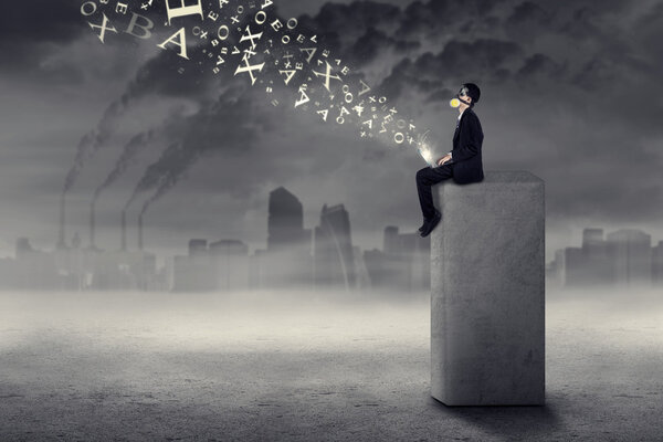 Businessman working with air pollution