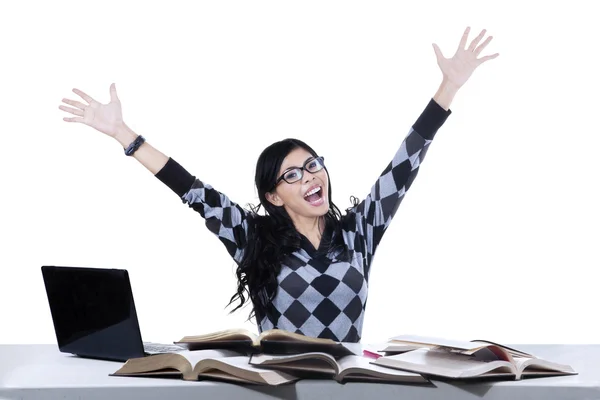 Excited female student isolated — Stock Photo, Image
