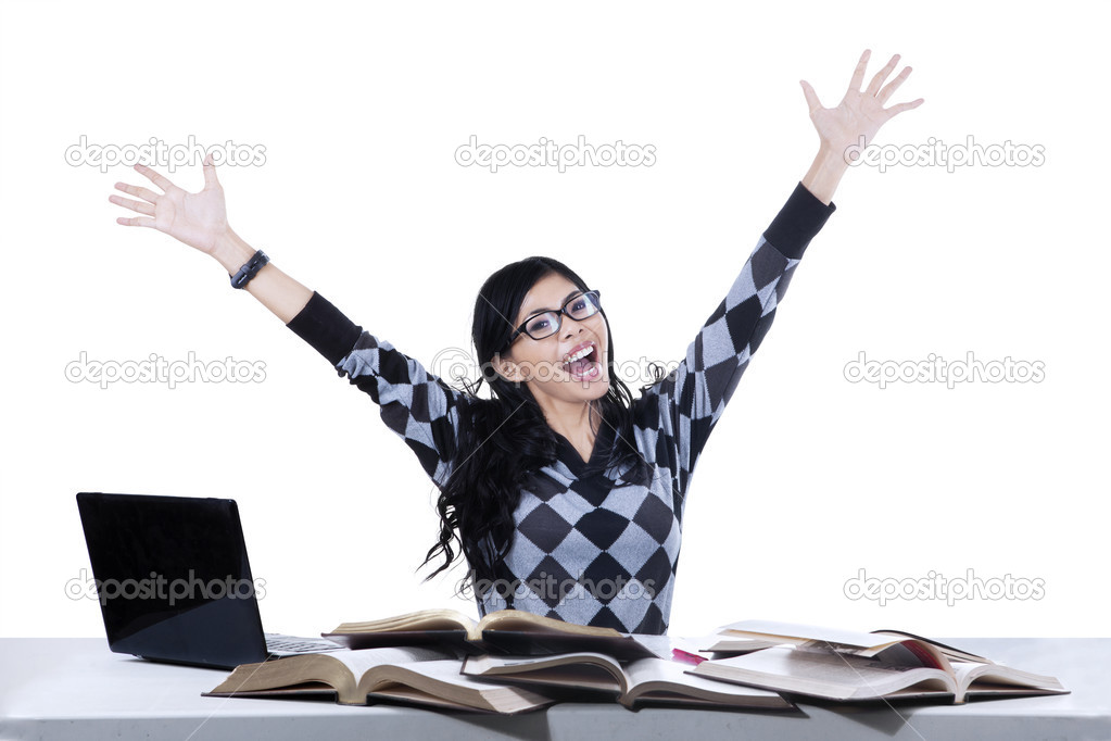 Excited female student isolated