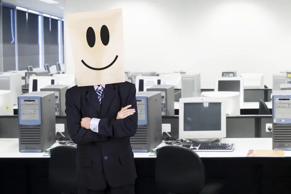 Businessman with cardboard head smiling 1 — Stock Photo, Image