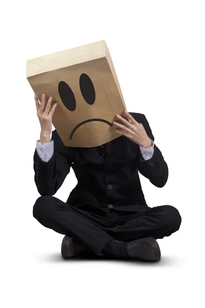 Worried businessman with cardboard head — Stock Photo, Image