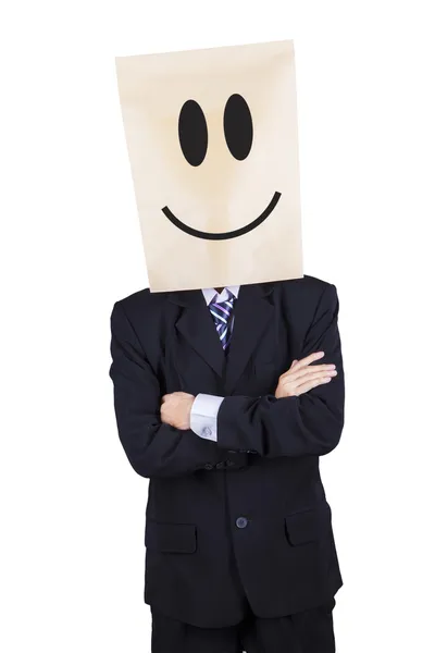 Businessman with cardboard head smiling — Stock Photo, Image