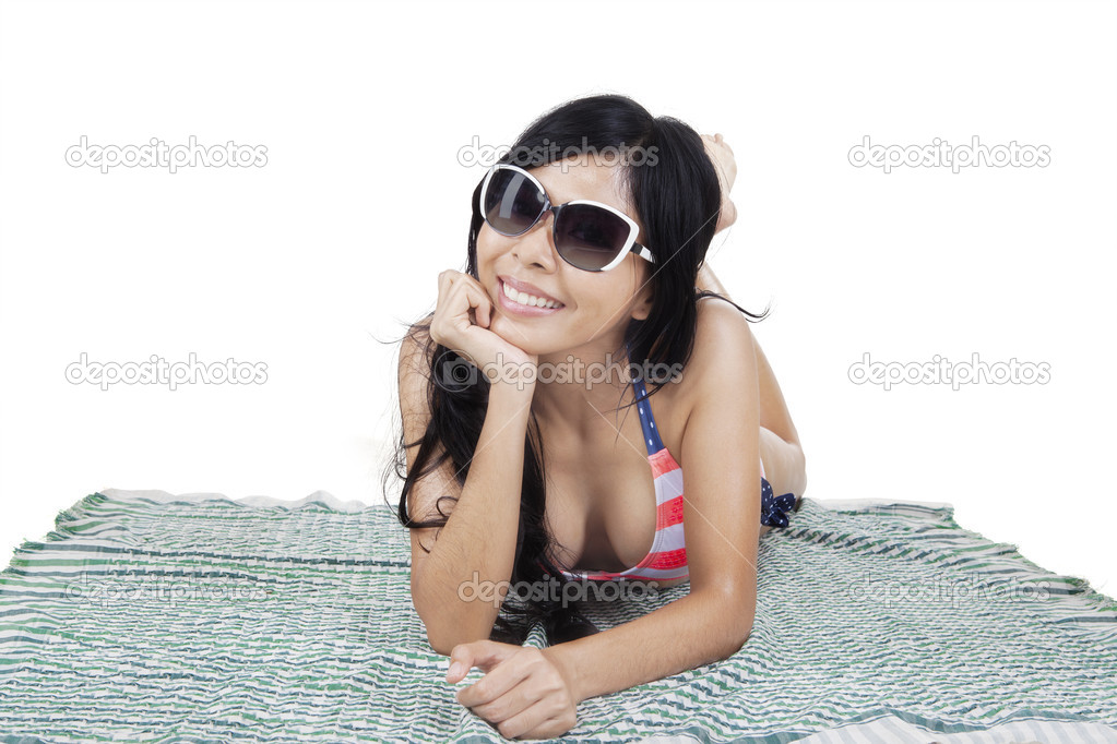 Cheerful woman wearing swimsuit