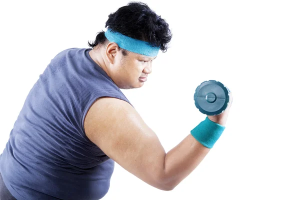 Overweight man exercising with dumbbell 1 — Stock Photo, Image