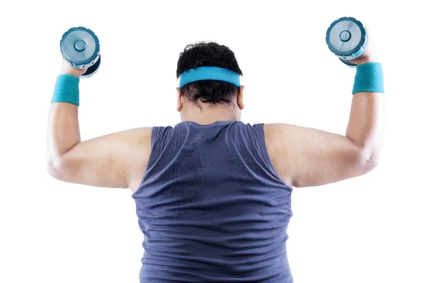Retrovisor hombre con sobrepeso haciendo fitness — Foto de Stock