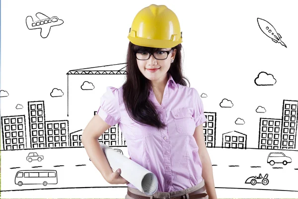 Pretty engineer with project design — Stock Photo, Image