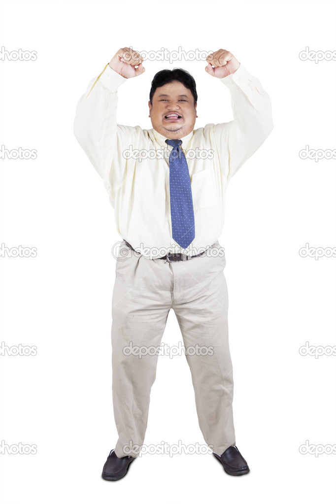 Cheerful fat businessman expressing success