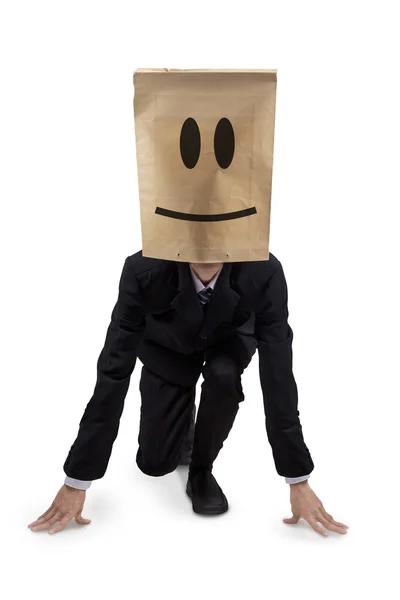 Uomo d'affari con maschera pronto a correre — Foto Stock