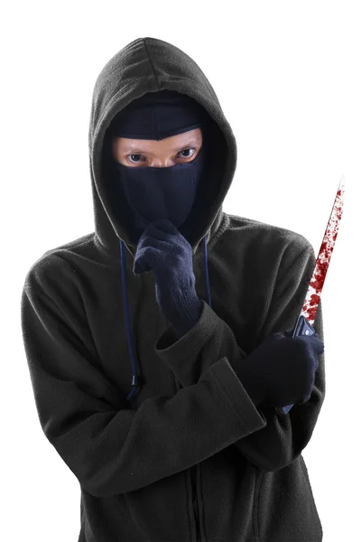 Killer holding bloody knife and thinking plan — Stock Photo, Image