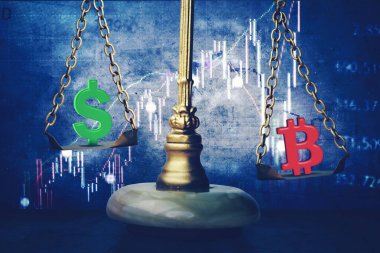 Finans tablosu arka planına sahip ölçeklerde bitcoin ve dolar arasında dengelenmemiş değer resmi