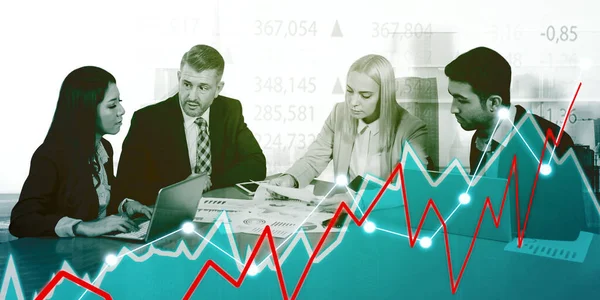 Double Exposure Diversity Business People Analyzing Growth Business Chart Currency — Stock Photo, Image