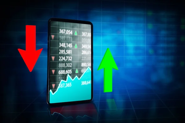 Chiudi Telefono Cellulare Che Mostra Borsa Valori Trading Con Freccia — Foto Stock