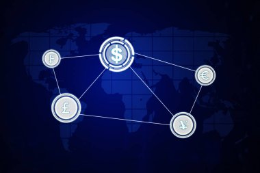 Dünya haritasında pound, yen ve avrupa para birimine bağlanan dolar sembolü