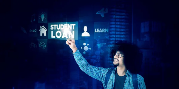 Image Male College Student Touching Student Loan Text Virtual Screen — Stock Photo, Image