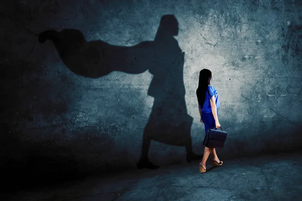 Back View Female Manager Carrying Suitcase While Walking Superhero Cape — Stock Photo, Image