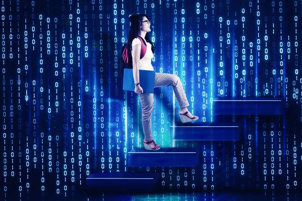 Female College Student Carrying Backpack While Climbing Stairs Code Binary — Stock Photo, Image