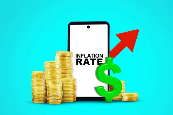 Telefone Celular Exibindo Taxa Inflação Texto Perto Dinheiro Seta Para — Fotografia de Stock