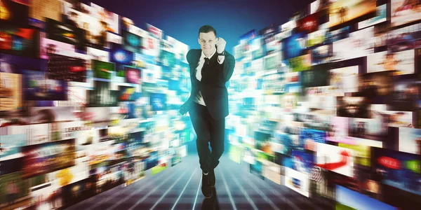 Caucasian Businessman Running Fast Metaverse Blurred Virtual Screen Background — Stock Photo, Image