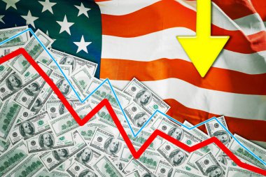 Azalan ok arkaplanlı Amerikan bayrağını ve dolar banknotlarını kapat