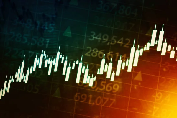 仮想画面で株式市場の背景を持つキャンドルスティックグラフのイメージ — ストック写真