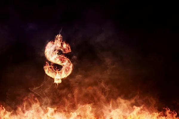 ハイパーインフレの概念 地獄の黒を背景に燃えるドル記号のイメージ — ストック写真