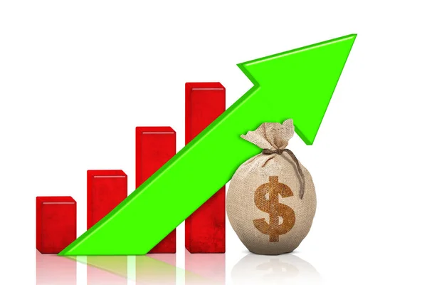 Kép Pénzeszsák Növekedési Pénzügyi Grafikon Felfelé Nyíl Háttér — Stock Fotó
