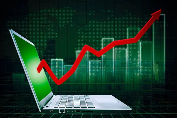 Изображение Красной Стрелки Вверх Экрана Ноутбука Диаграммой Роста Фоне Виртуального — стоковое фото