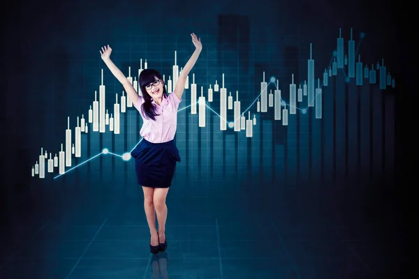 Businesswoman Expressing Success While Standing Increasing Candlesticks Graph — Stock Photo, Image