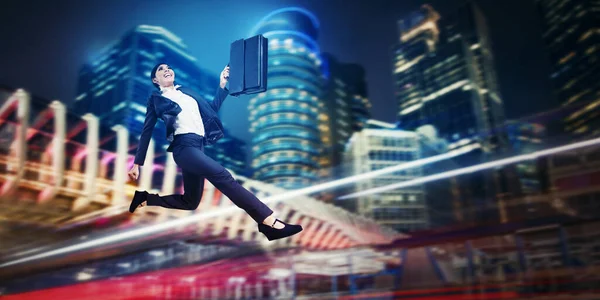 Low Angle Businesswoman Carrying Suitcase While Running Fast Road Glowing — Stock Photo, Image